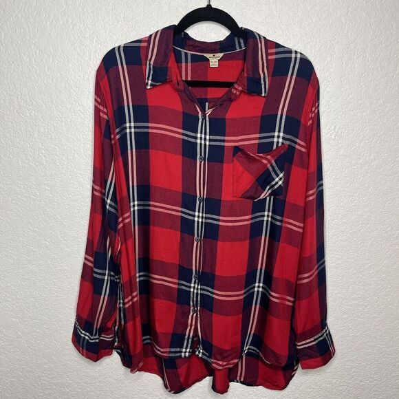 Woolrich Plaid‎ Button Down Shirt Women’s XXL Red Navy FALL Cabincore Gorpcore - Picture 1 of 10